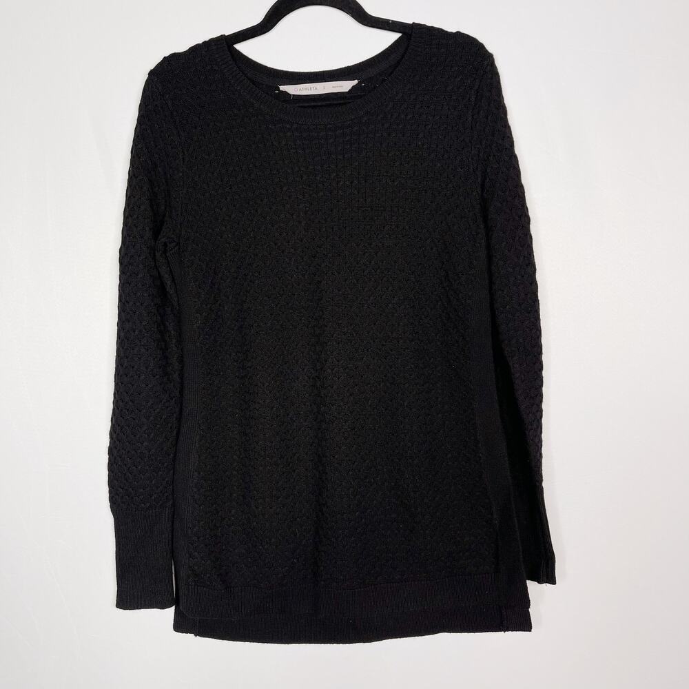 Athleta Small S Black Merino Wool Honeycomb Sweater Tunic Side Split Round Neck
